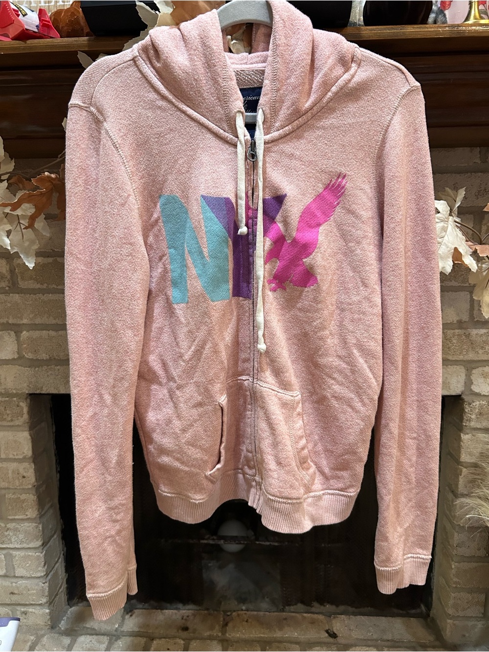 American Eagle Outfitters Pink Zip-Up Hoodie with Multicolor NYX Graphic EUC